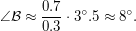 $\displaystyle \angle \mathcal{B} \approx  \frac{0.7}{0.3} \cdot 3^\circ.5 \approx 8^\circ. $